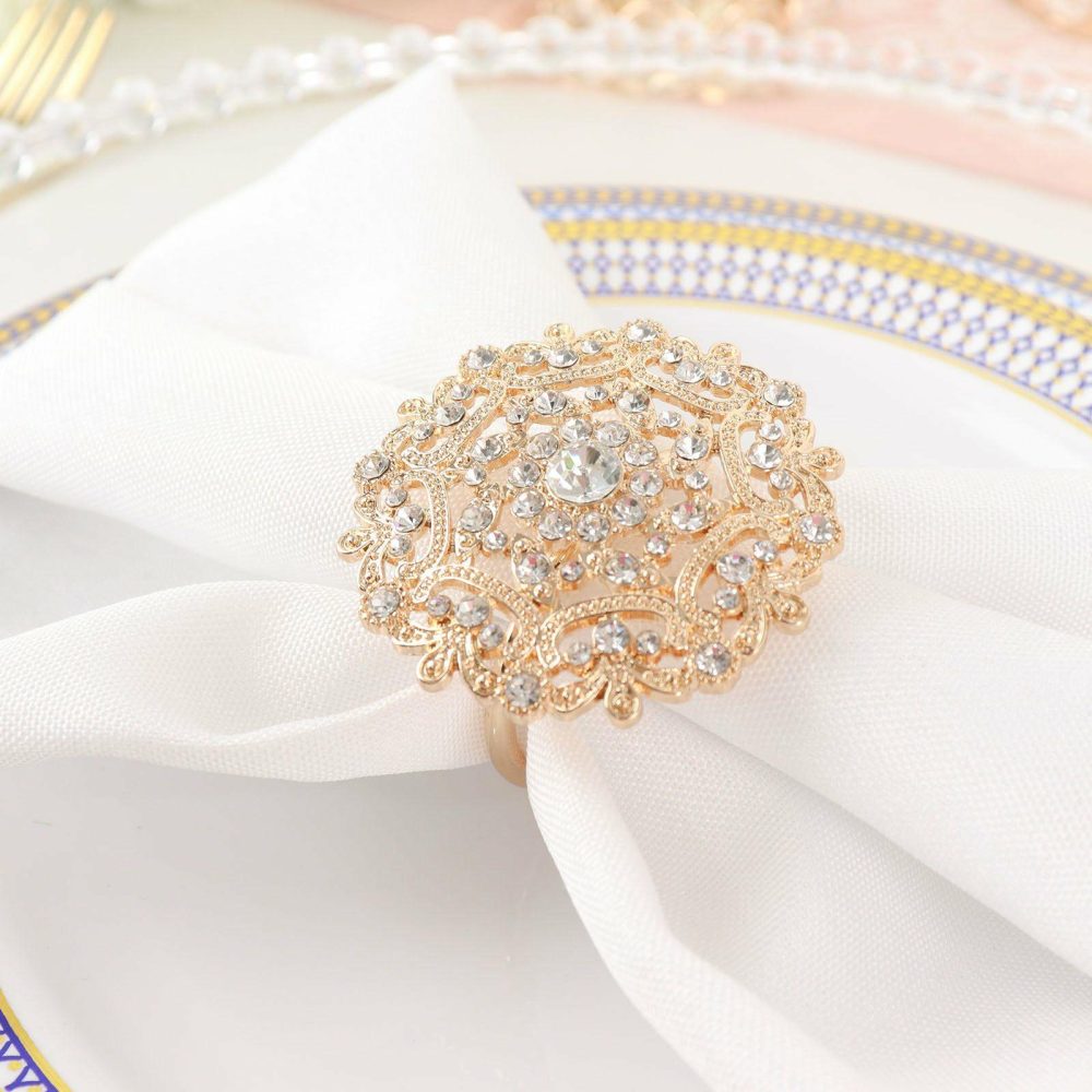 4 Pack Diamond Rhinestone Gold Metal Flower Napkin Rings, Decorative Napkin Buckle Holders  |   Napkin Rings Cloth Napkins Gold