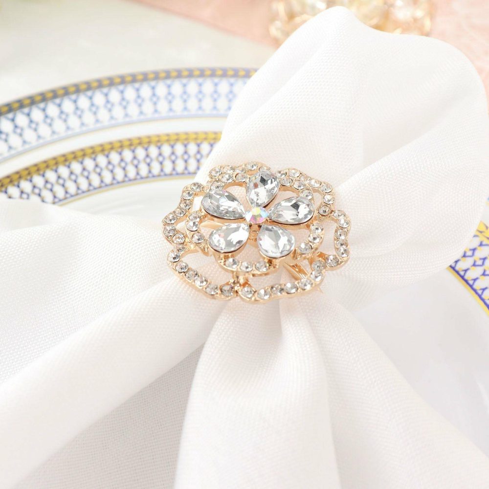 4 Pack Diamond Rhinestone Gold Metal Rose Flower Napkin Rings, Decorative Napkin Buckle Holders  |   Napkin Rings Cloth Napkins Napkin Rings