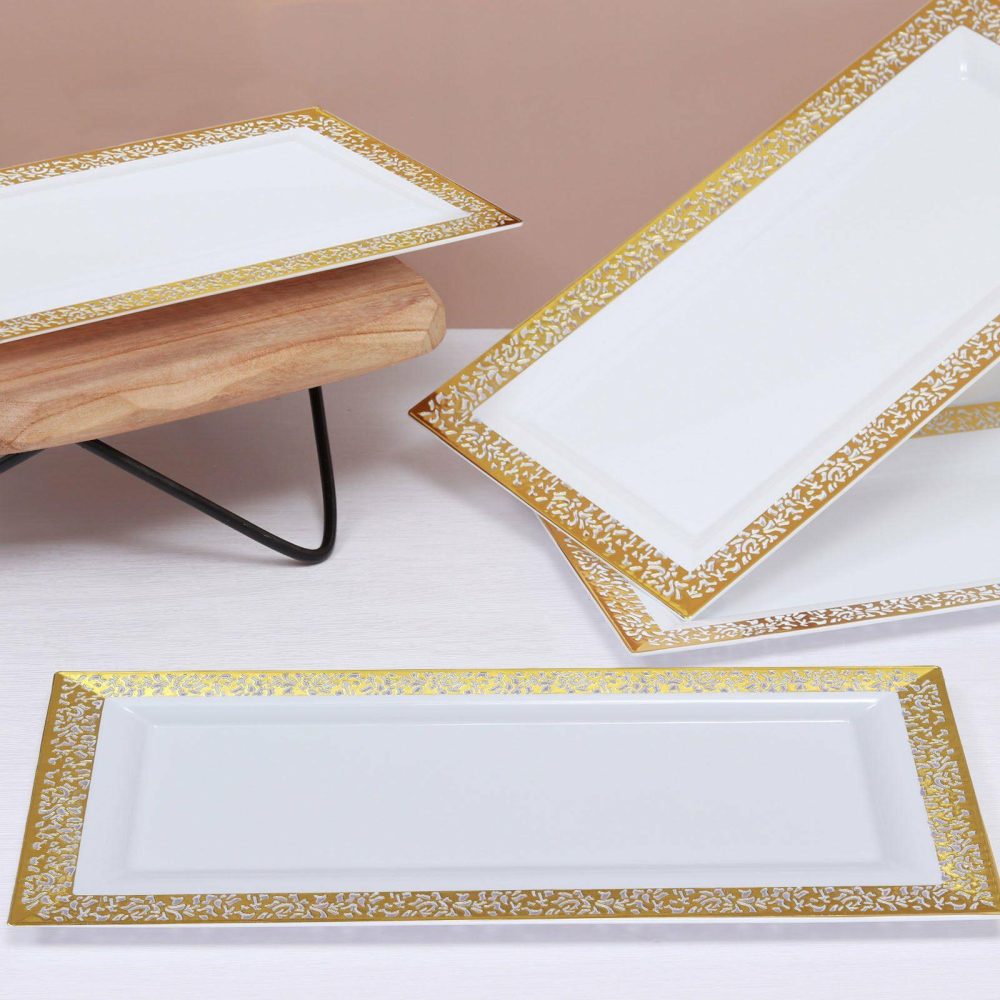 4 Pack Gold and White Lace Print Rectangular Plastic Serving Trays, Decorative Coffee Table Trays 14″  |   Servingwares Disposable Plates Gold/White