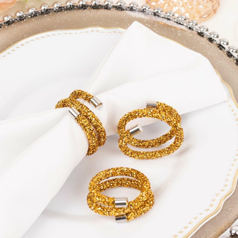 4 Pack Gold Sparkle Rhinestone Swirl Napkin Rings, Elegant Cloth Napkin Holders  |   Napkin Rings Cloth Napkins Gold