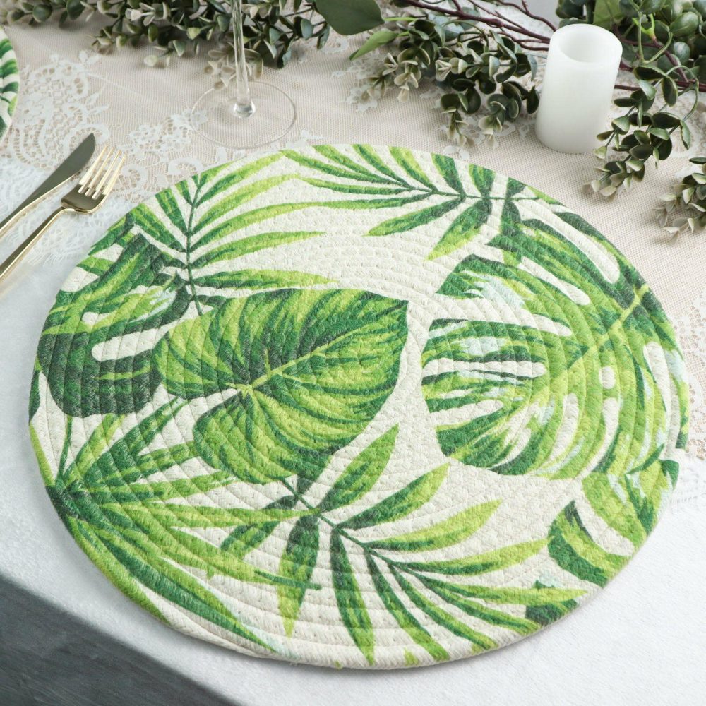 4 Pack Green Tropical Leaf Woven Cotton Table Placemats, Indoor/Outdoor Braided Dining Placemats 15″ Round  |   Reusable Placemats Charger Plates Reusable Placemats