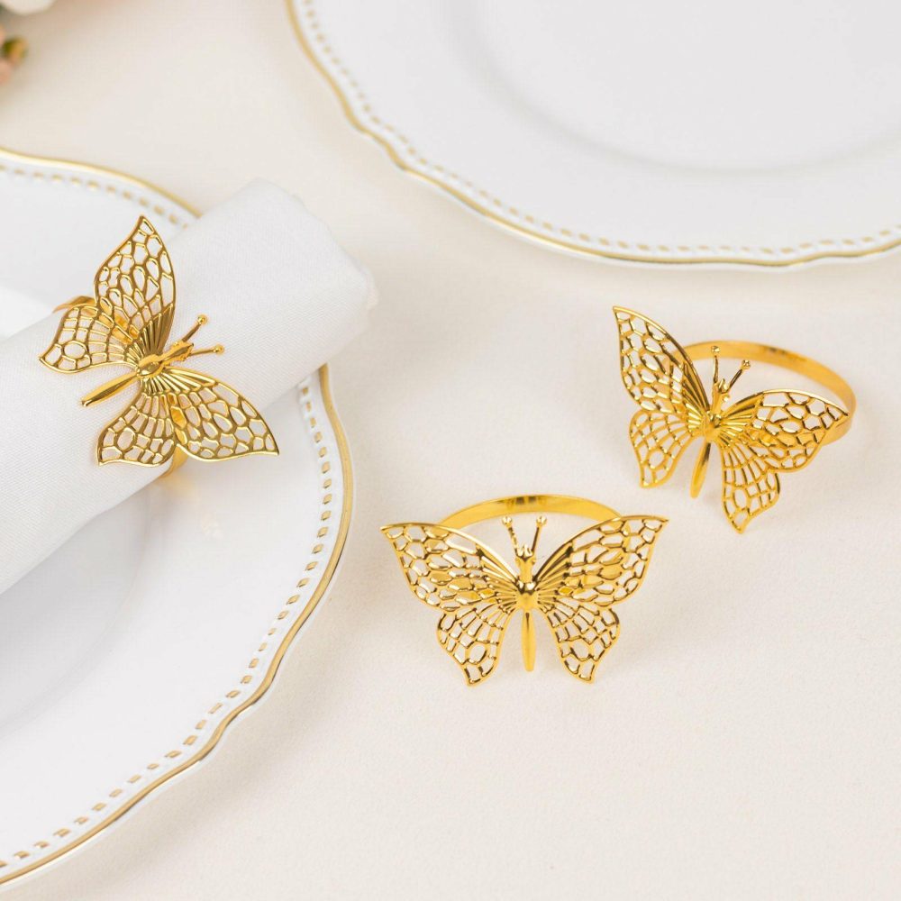 4 Pack Metallic Gold Laser Cut Butterfly Napkin Rings, Decorative Cloth Napkin Holders  |   Napkin Rings Cloth Napkins Gold