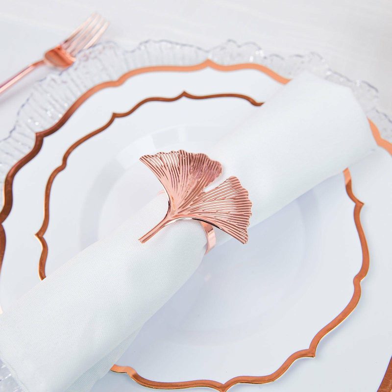 4 Pack Metallic Rose Gold Ginkgo Leaf Napkin Rings, Ornate Design Linen Napkin Holders  |   Napkin Rings Cloth Napkins Napkin Rings