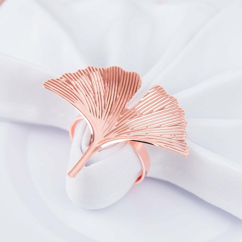 4 Pack Metallic Rose Gold Ginkgo Leaf Napkin Rings, Ornate Design Linen Napkin Holders  |   Napkin Rings Cloth Napkins Napkin Rings