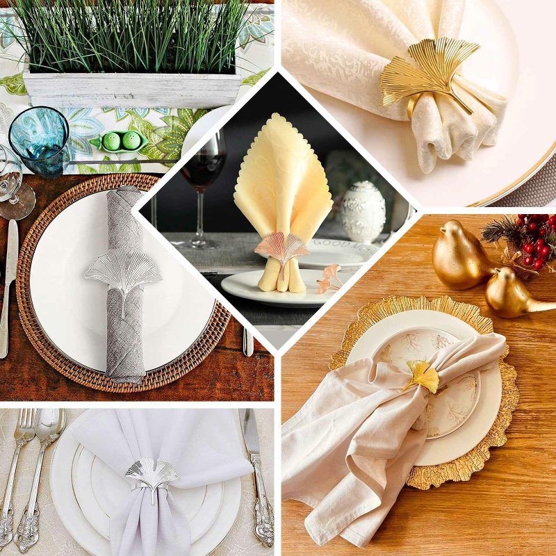 4 Pack Metallic Rose Gold Ginkgo Leaf Napkin Rings, Ornate Design Linen Napkin Holders  |   Napkin Rings Cloth Napkins Napkin Rings