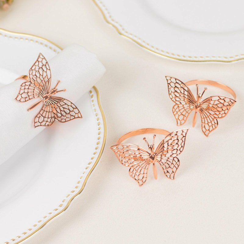 4 Pack Metallic Rose Gold Laser Cut Butterfly Napkin Rings, Decorative Cloth Napkin Holders  |   Napkin Rings Cloth Napkins Napkin Rings