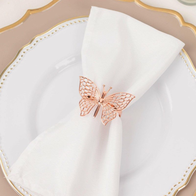 4 Pack Metallic Rose Gold Laser Cut Butterfly Napkin Rings, Decorative Cloth Napkin Holders  |   Napkin Rings Cloth Napkins Napkin Rings