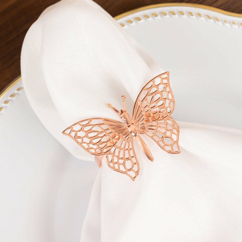 4 Pack Metallic Rose Gold Laser Cut Butterfly Napkin Rings, Decorative Cloth Napkin Holders  |   Napkin Rings Cloth Napkins Napkin Rings