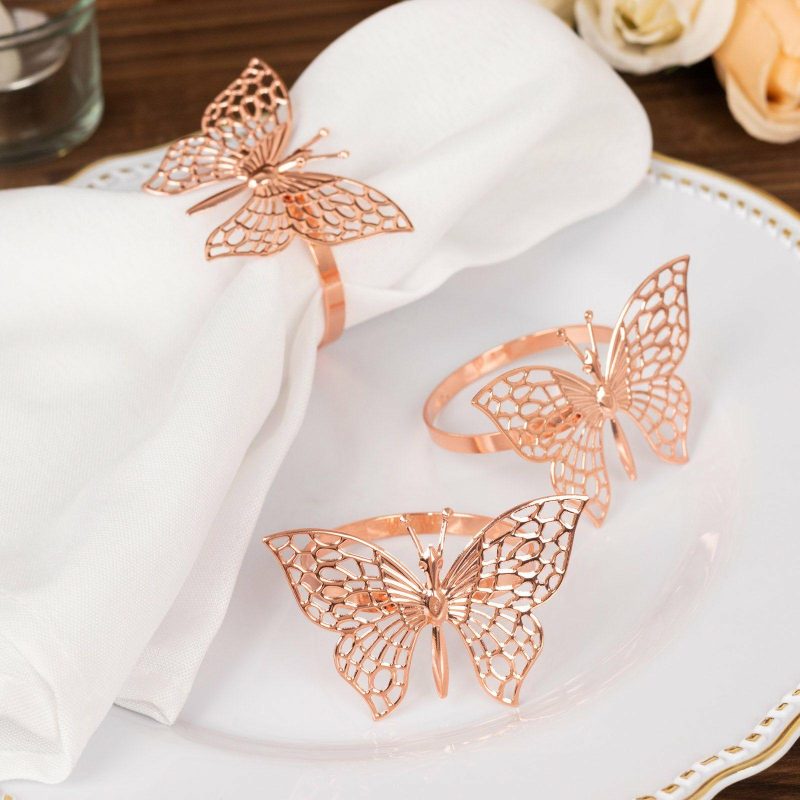 4 Pack Metallic Rose Gold Laser Cut Butterfly Napkin Rings, Decorative Cloth Napkin Holders  |   Napkin Rings Cloth Napkins Napkin Rings