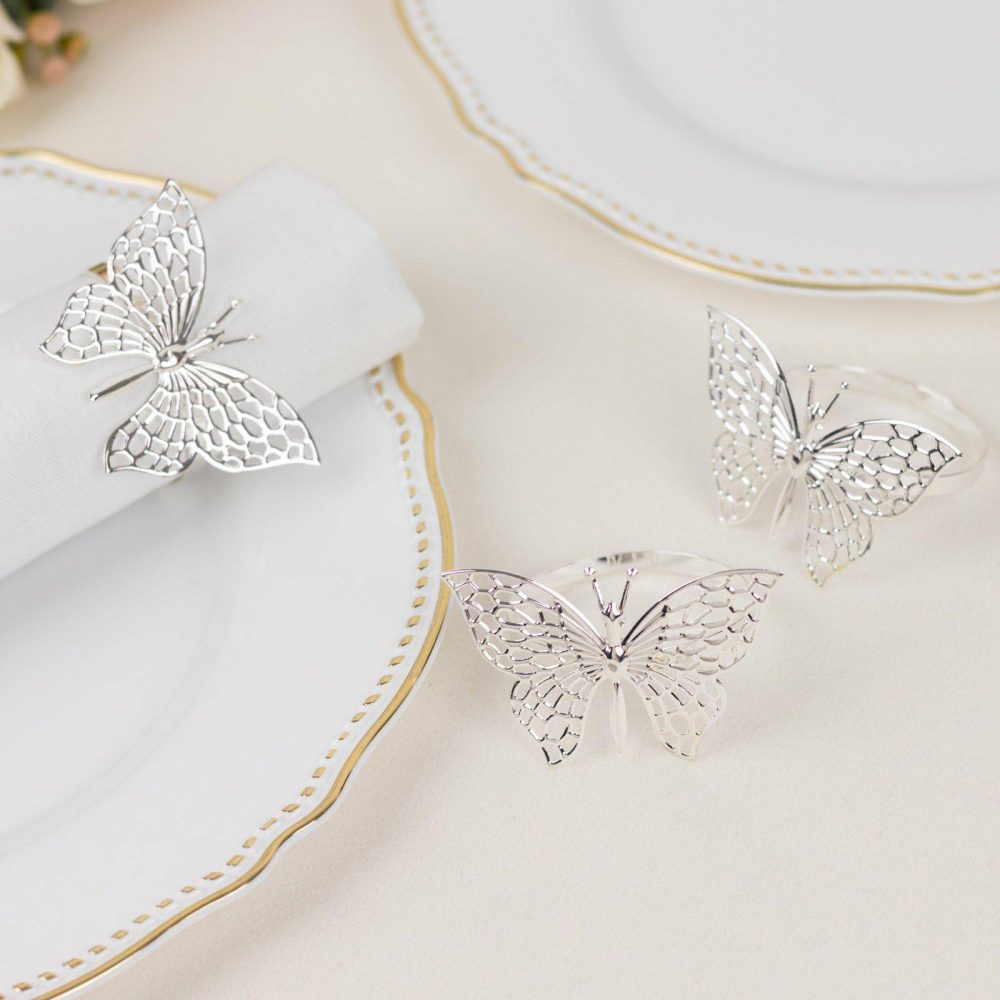 4 Pack Metallic Silver Laser Cut Butterfly Napkin Rings, Decorative Cloth Napkin Holders  |   Napkin Rings Cloth Napkins Napkin Rings