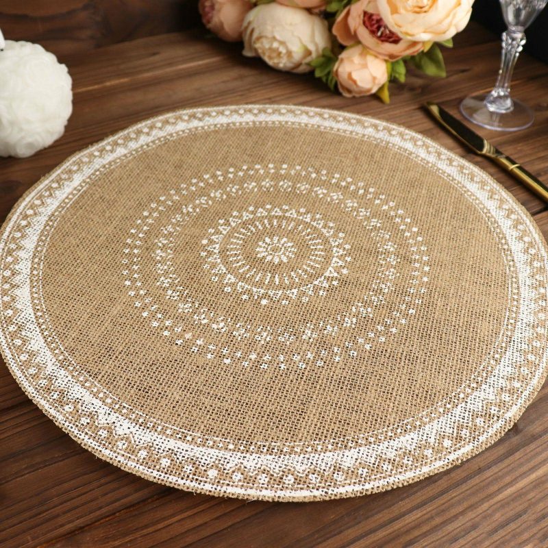 4 Pack Natural Jute and White Braided Placemats, Rustic Round Woven Burlap Table Mats 15″  |   Reusable Placemats Charger Plates Braided