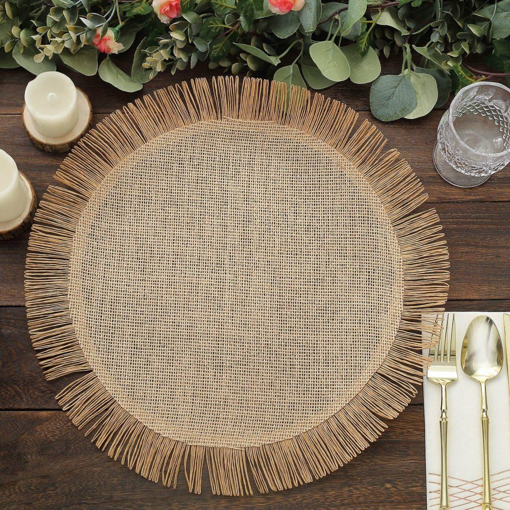 4 Pack Natural Jute Boho Chic Fringe Edge Table Placemats, Rustic Farmhouse Burlap Tassel Dining Table Mats 16″  |   Reusable Placemats Charger Plates Natural Fringe Edge