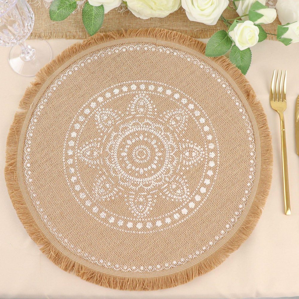 4 Pack Natural Jute Fringe White Embroidery Print Placemats, Rustic Round Woven Burlap Tassel Table Mats 15″  |   Reusable Placemats Charger Plates Embroidery Print w/ Fringe Rim