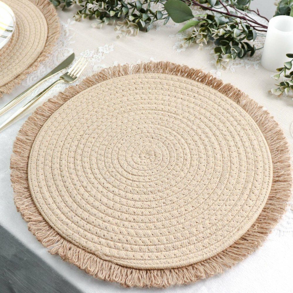 4 Pack Natural Rustic Burlap Jute Placemats Fringed Edges, Farmhouse Placemats with Trim 15″ Round  |   Reusable Placemats Charger Plates Fringe Rim