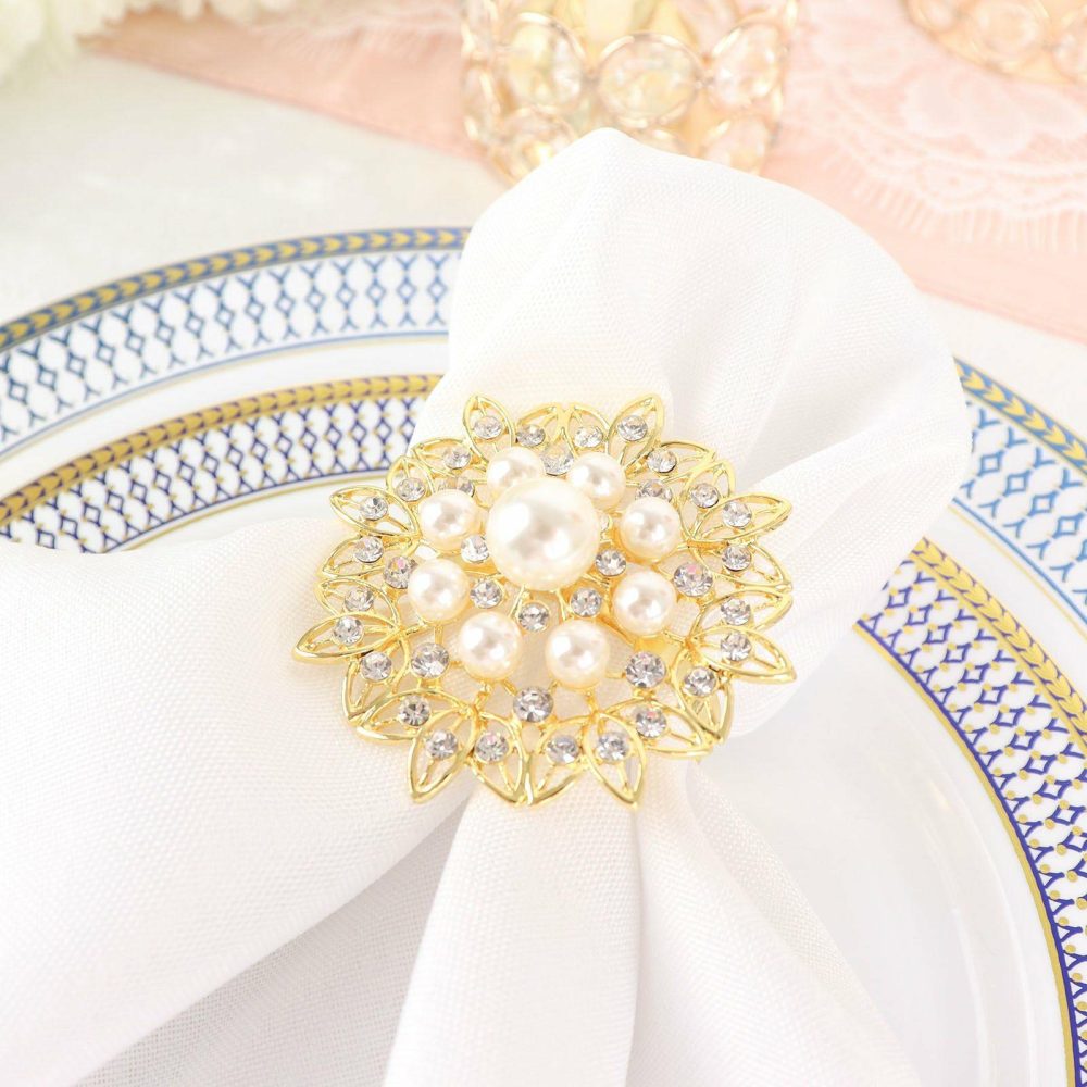 4 Pack Pearl And Diamond Rhinestone Flower Gold Metal Napkin Rings, Decorative Napkin Buckle Holders  |   Napkin Rings Cloth Napkins Gold