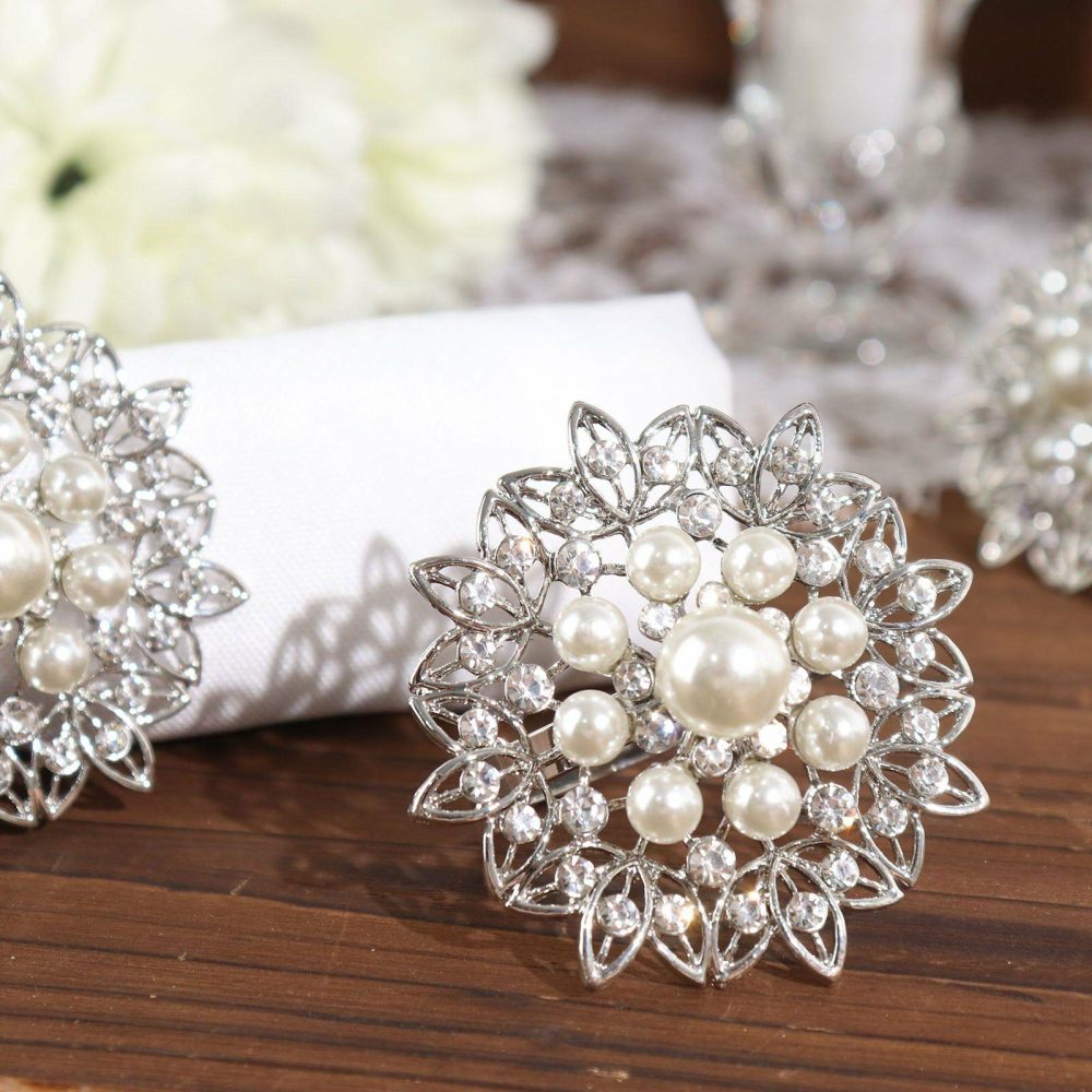 4 Pack Pearl And Diamond Rhinestone Flower Silver Metal Napkin Rings, Decorative Napkin Buckle Holders  |   Napkin Rings Cloth Napkins Napkin Rings