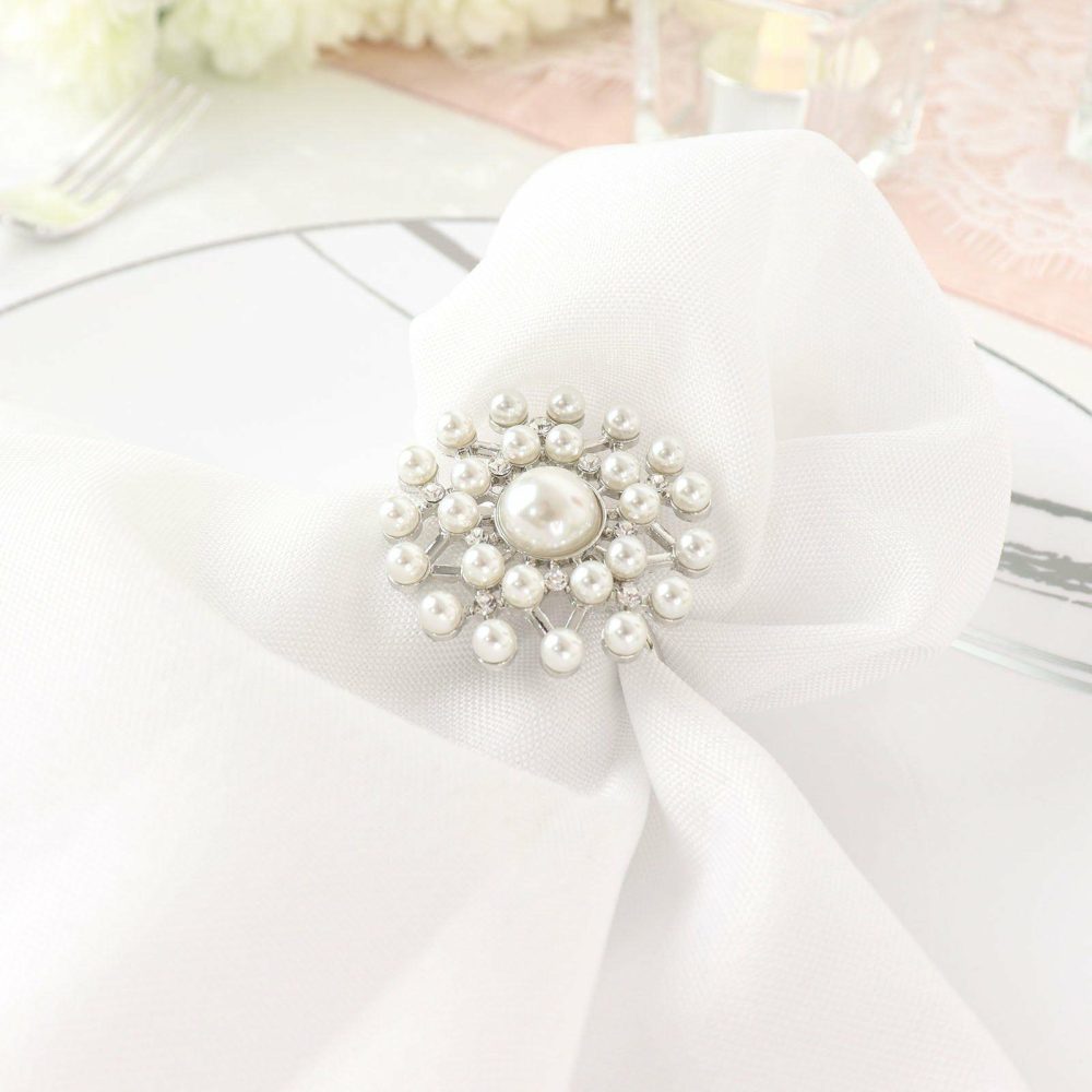 4 Pack Pearl And Diamond Rhinestone Silver Metal Napkin Rings, Decorative Napkin Buckle Holders  |   Napkin Rings Cloth Napkins Napkin Rings