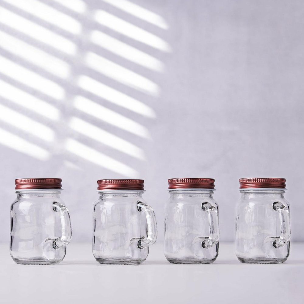 4 Pack Rustic Clear Glass Mason Jars With Handles & Rose Gold Screw On Lids 4oz  |   All Purpose Glasses & Tumblers All Purpose Glasses & Tumblers All Purpose Glasses & Tumblers