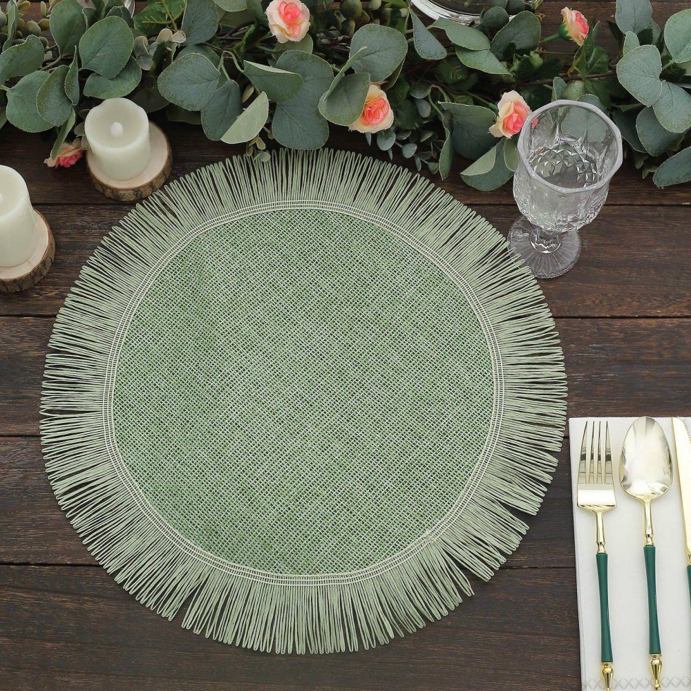 4 Pack Sage Green Jute Boho Chic Fringe Edge Table Placemats, Rustic Farmhouse Burlap Tassel Dining Table Mats 16″  |   Reusable Placemats Charger Plates Reusable Placemats