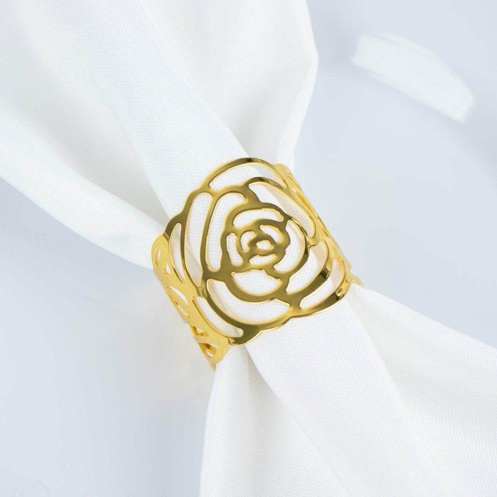 4 Pack Shiny Gold Laser Cut Rose Metal Cuff Napkin Rings, Decorative Flower Napkin Holders  |   Napkin Rings Cloth Napkins Napkin Rings