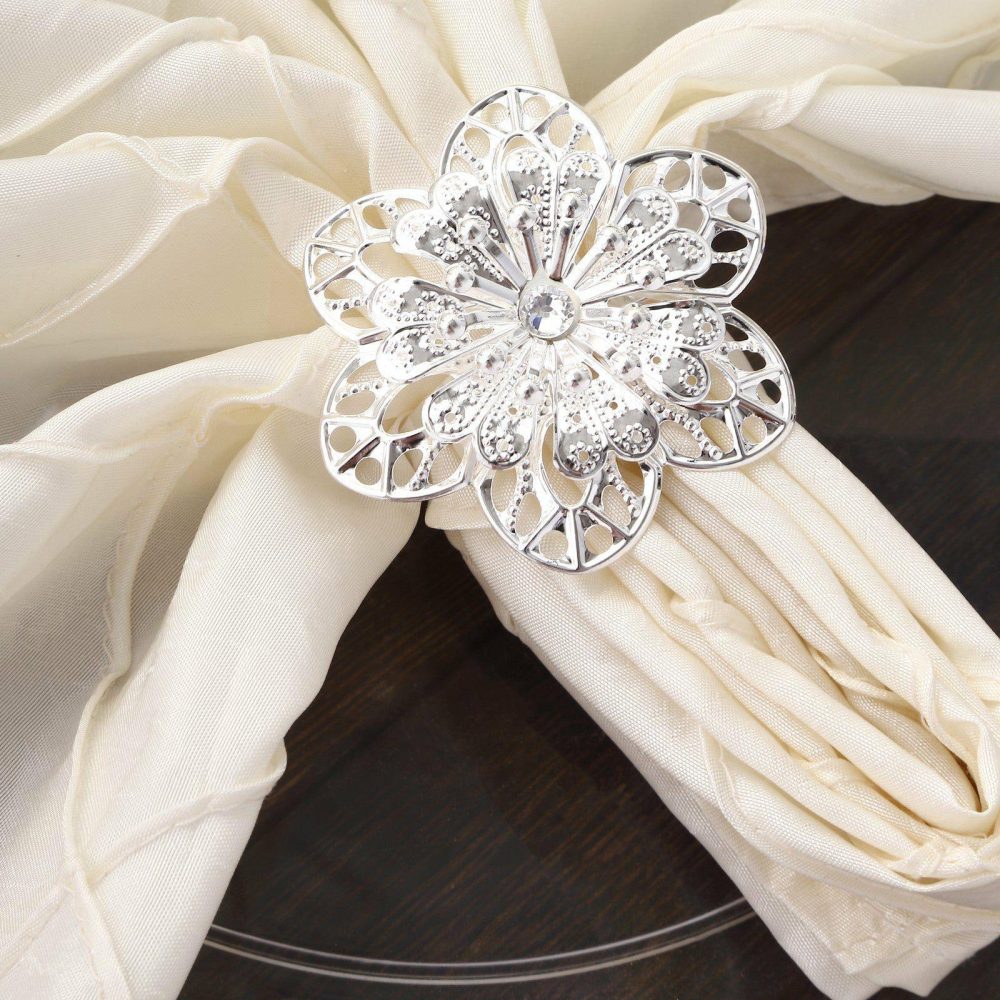 4 Pack Silver Metal Hollow Sun Flower Napkin Rings, Modern Flower Shaped Napkin Bands  |   Napkin Rings Cloth Napkins Napkin Rings