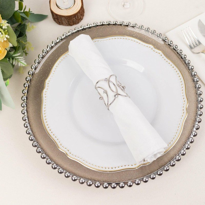 4 Pack Silver Metal Rhinestone Napkin Rings With Hollow Woven Style, Elegant Napkin Holders  |   Napkin Rings Cloth Napkins Napkin Rings