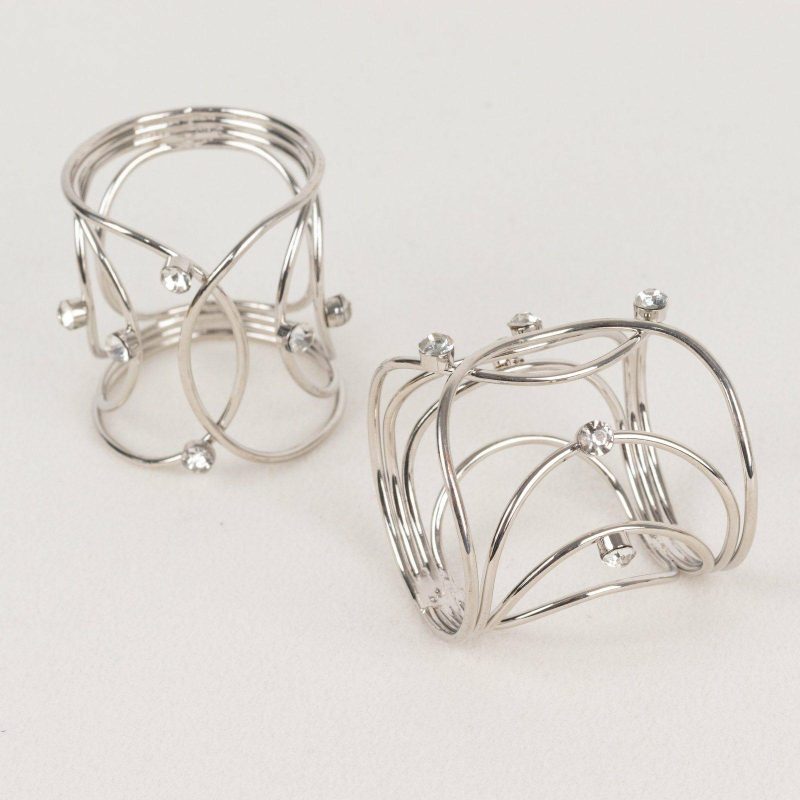 4 Pack Silver Metal Rhinestone Napkin Rings With Hollow Woven Style, Elegant Napkin Holders  |   Napkin Rings Cloth Napkins Napkin Rings