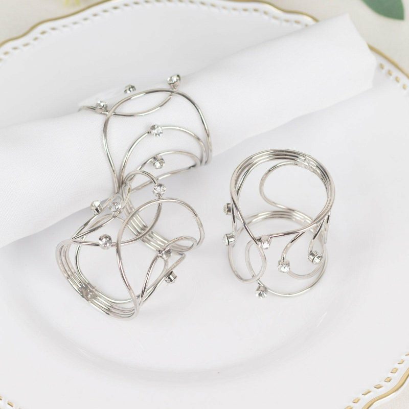 4 Pack Silver Metal Rhinestone Napkin Rings With Hollow Woven Style, Elegant Napkin Holders  |   Napkin Rings Cloth Napkins Napkin Rings