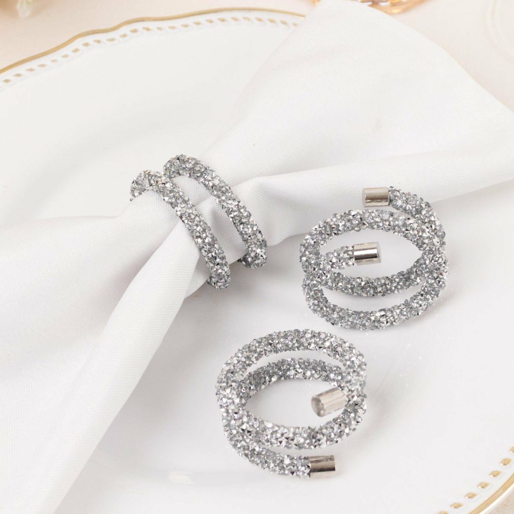 4 Pack Silver Sparkle Rhinestone Swirl Napkin Rings, Elegant Cloth Napkin Holders  |   Napkin Rings Cloth Napkins Napkin Rings