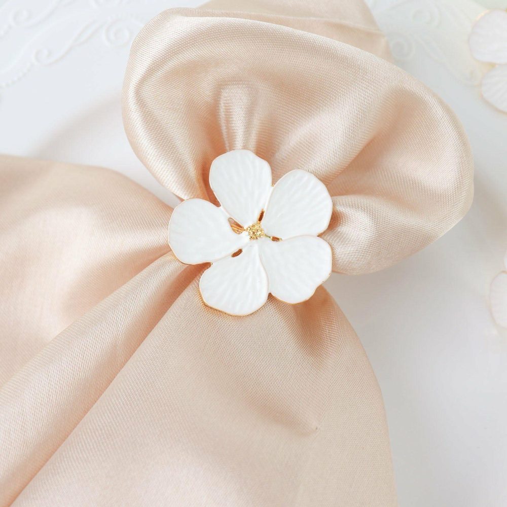 4 Pack White and Gold Metal Flower Napkin Rings, Floral Serviette Buckle Napkin Holder Set – Plum Blossom Design  |   Napkin Rings Cloth Napkins Napkin Rings