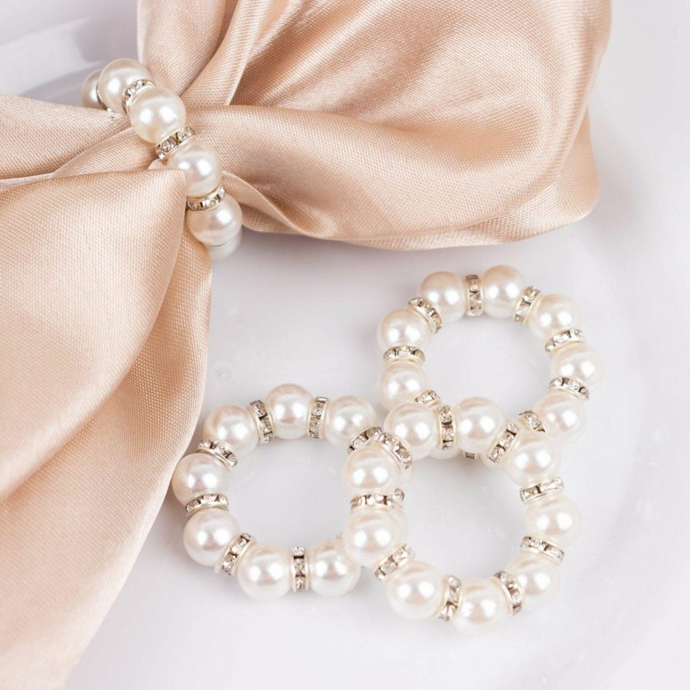 4 Pack White Pearl Beads and Silver Rhinestone Napkin Rings, Elegant Round Serviette Buckle Napkin Holders 1.5″  |   Napkin Rings Cloth Napkins Napkin Rings