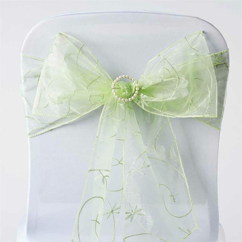 5 Pack Apple Green Embroidered Organza Chair Sashes 7″x108″  |   Organza & Chiffon Chair Sashes Apple green