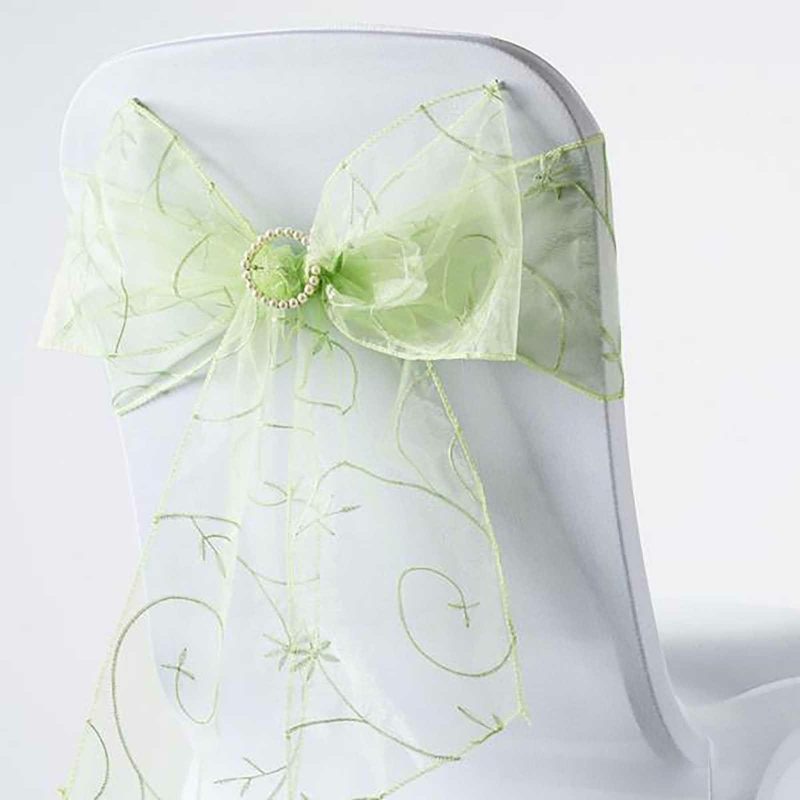 5 Pack Apple Green Embroidered Organza Chair Sashes 7″x108″  |   Organza & Chiffon Chair Sashes Apple green