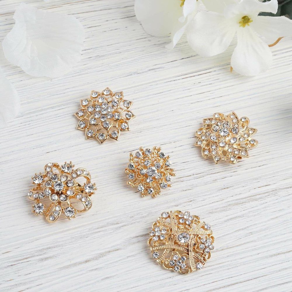 5 Pack Assorted Gold Plated Mandala Crystal Rhinestone Brooches Floral Sash Pin Brooch Bouquet Decor  |   Sash Buckles & Clip Pins Chair Sashes Gold