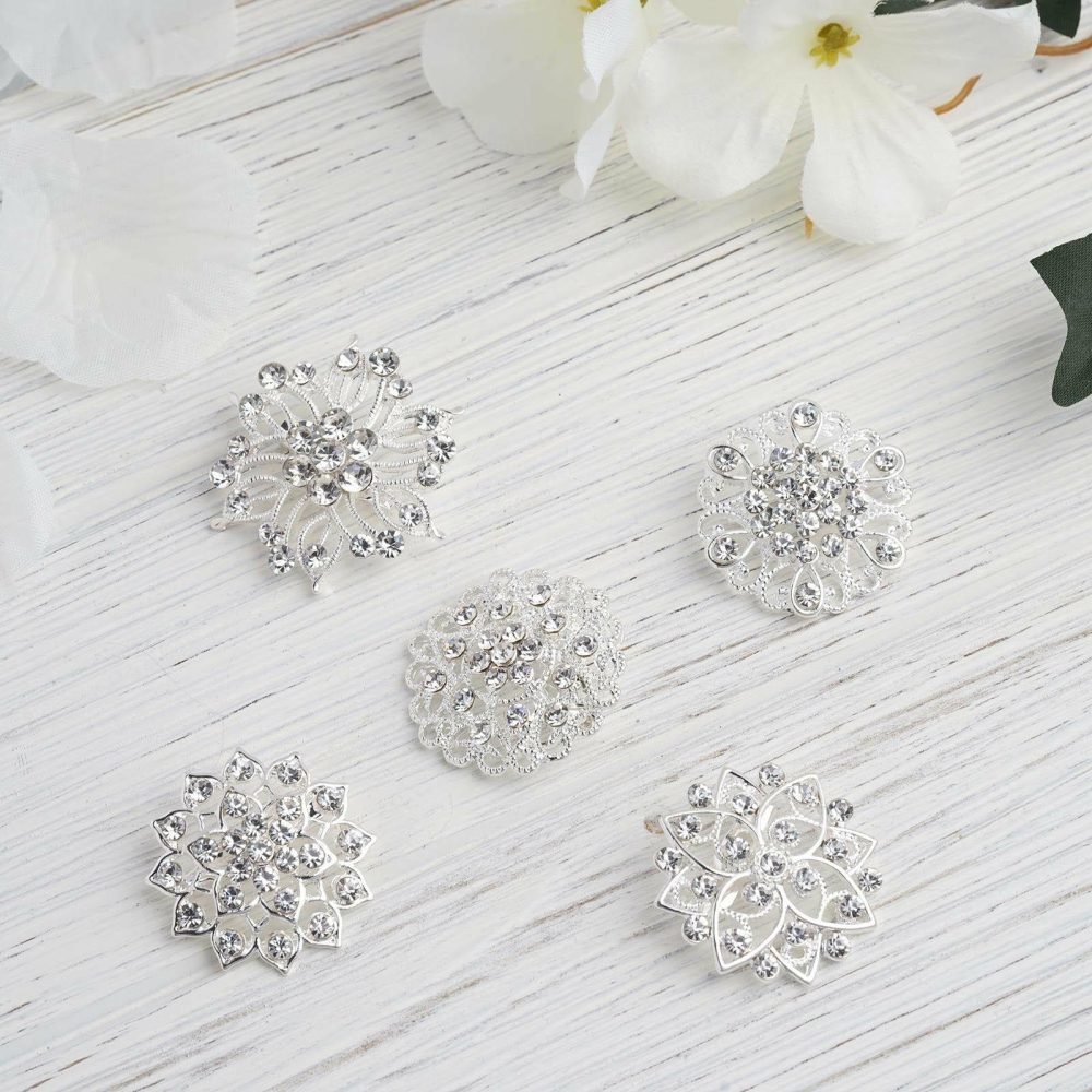 5 Pack Assorted Silver Plated Mandala Crystal Rhinestone Brooches Floral Sash Pin Brooch Bouquet Decor  |   Sash Buckles & Clip Pins Chair Sashes Mandala Crystal Rhinestones