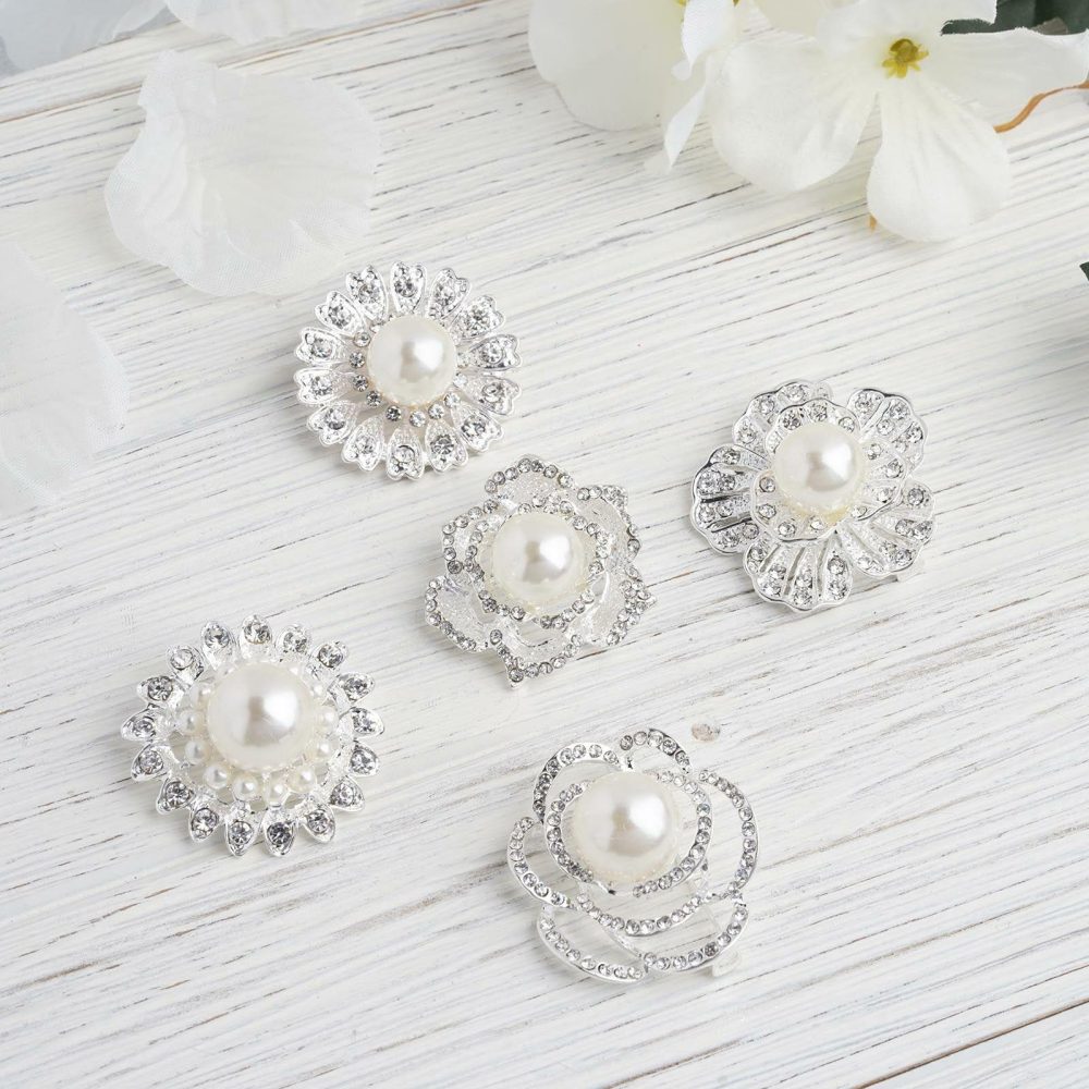 5 Pack Assorted Silver Plated Rhinestone Brooches with Pearl Center Floral Sash Pin Brooch Bouquet Decor  |   Sash Buckles & Clip Pins Chair Sashes Rhinestones with Pearl Center