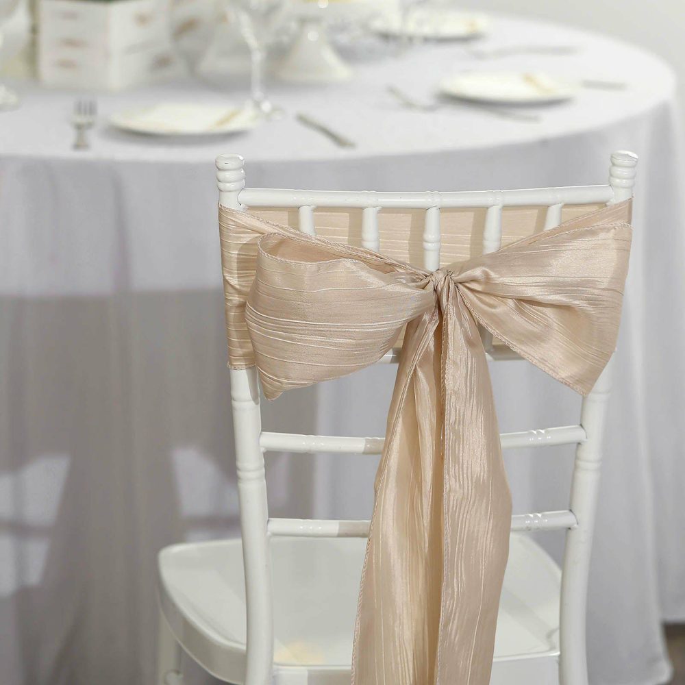 5 Pack Beige Accordion Crinkle Taffeta Chair Sashes 6″x106″  |   Satin & Taffeta Chair Sashes Beige