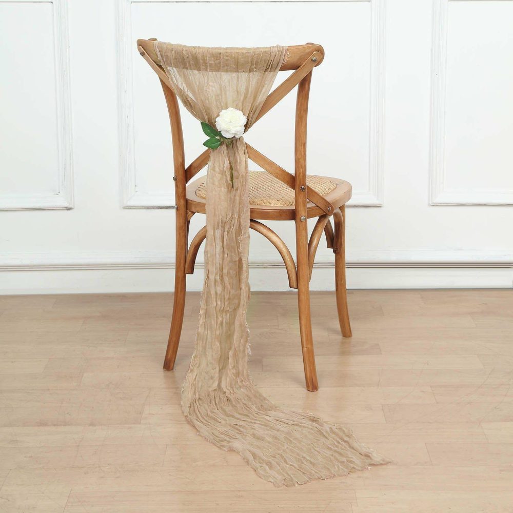 5 Pack Beige Gauze Cheesecloth Boho Chair Sashes 16″ x 88″  |   Jute Burlap & Lace Chair Sashes Beige