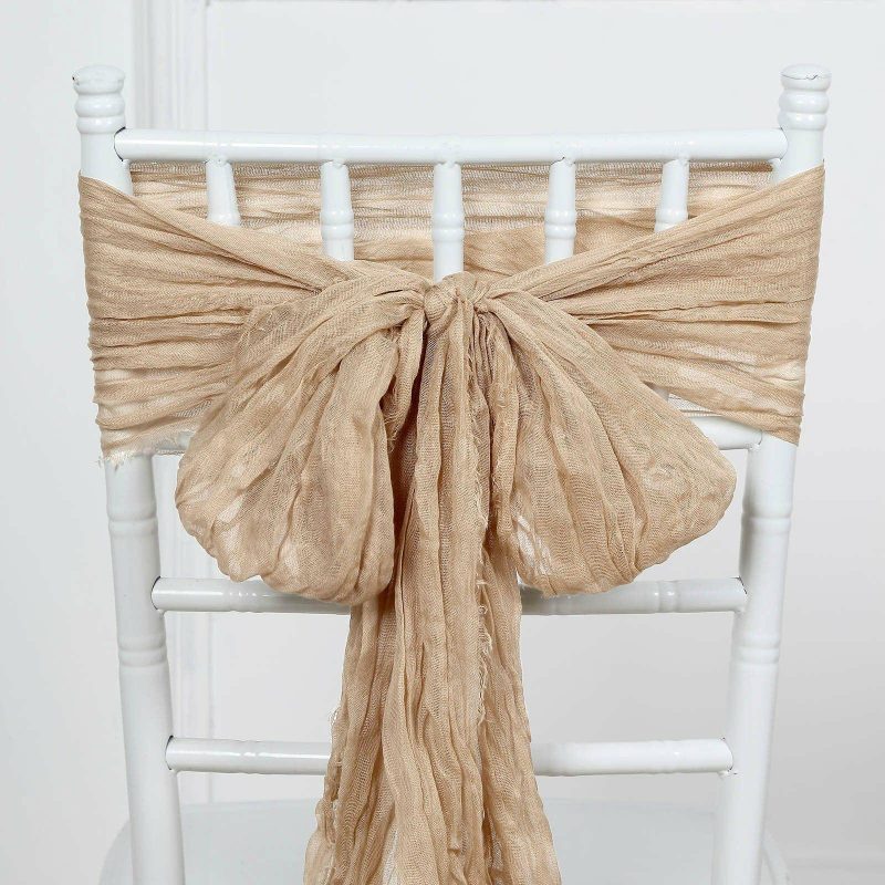 5 Pack Beige Gauze Cheesecloth Boho Chair Sashes 16″ x 88″  |   Jute Burlap & Lace Chair Sashes Beige