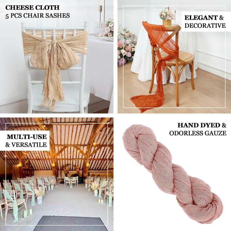 5 Pack Beige Gauze Cheesecloth Boho Chair Sashes 16″ x 88″  |   Jute Burlap & Lace Chair Sashes Beige