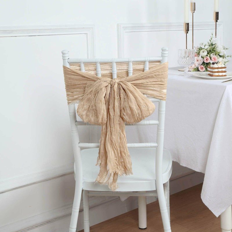 5 Pack Beige Gauze Cheesecloth Boho Chair Sashes 16″ x 88″  |   Jute Burlap & Lace Chair Sashes Beige