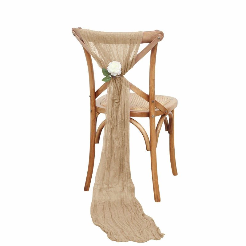 5 Pack Beige Gauze Cheesecloth Boho Chair Sashes 16″ x 88″  |   Jute Burlap & Lace Chair Sashes Beige