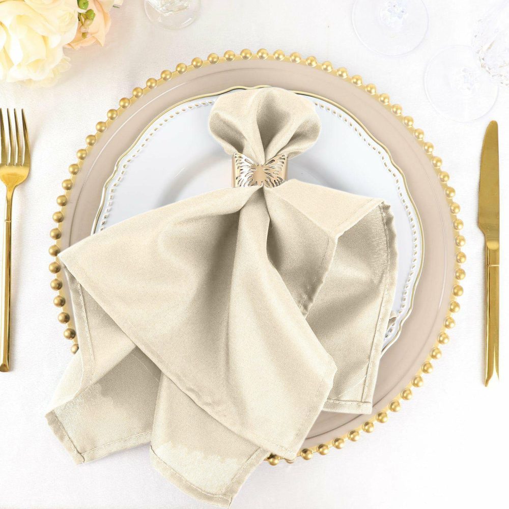 5 Pack Beige Seamless Cloth Dinner Napkins, Reusable Linen 20″x20″  |   Polyester Cloth Napkins Beige