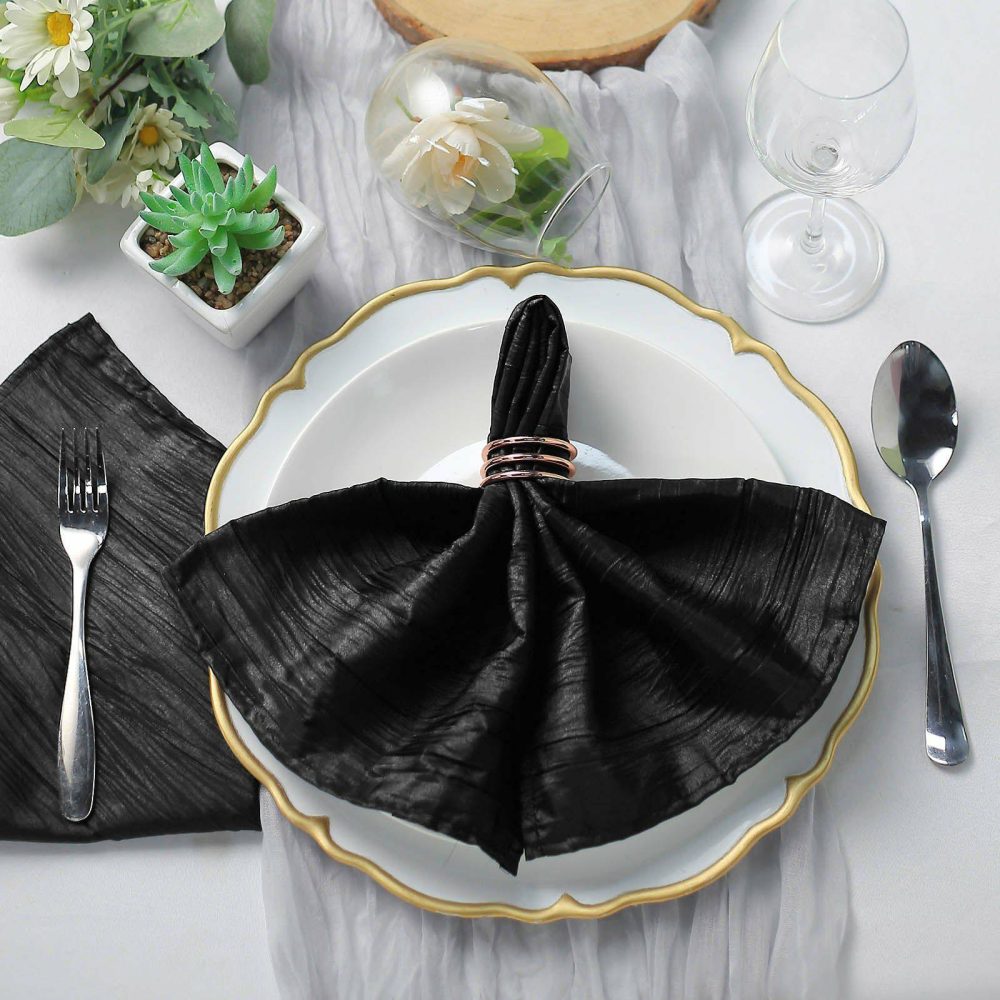 5 Pack Black Accordion Crinkle Taffeta Cloth Dinner Napkins 20″x20″  |   Satin & Taffeta Cloth Napkins Black