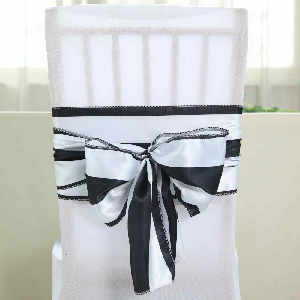 5 Pack Black and White Stripe Satin Chair Sashes 6″x108″  |   Satin & Taffeta Chair Sashes Black