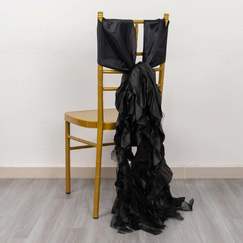 5 Pack Black Curly Willow Chiffon Satin Chair Sashes  |   Satin & Taffeta Chair Sashes Black