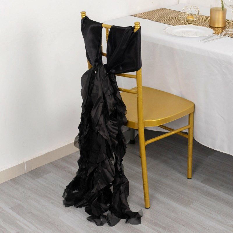 5 Pack Black Curly Willow Chiffon Satin Chair Sashes  |   Satin & Taffeta Chair Sashes Black