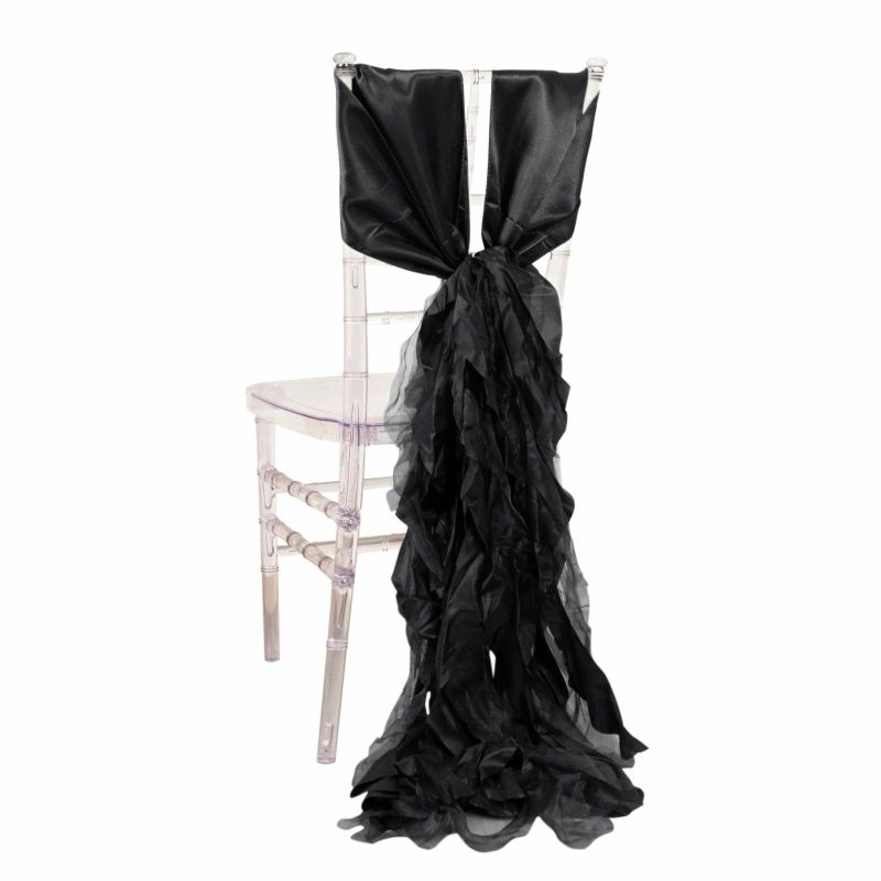 5 Pack Black Curly Willow Chiffon Satin Chair Sashes  |   Satin & Taffeta Chair Sashes Black