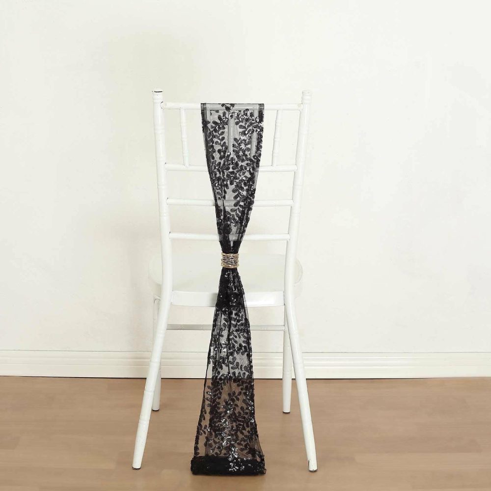 5 Pack Black Leaf Vine Embroidered Sequin Tulle Chair Sashes – 6″x88″  |   Glittering Sequin Chair Sashes Black