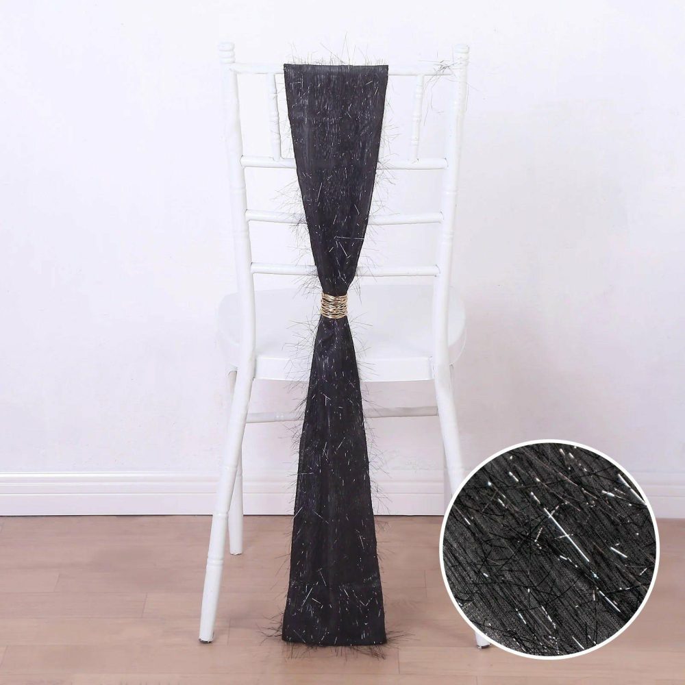 5 Pack Black Metallic Fringe Shag Tinsel Chair Sashes, Shimmery Polyester Chair Sashes 6″x108″  |   Stylish Chair Sashes Black